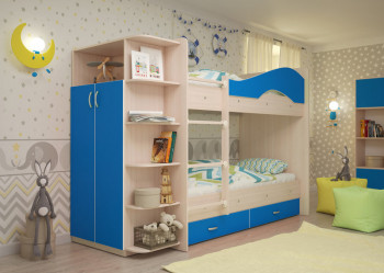 Кровать Мая двухъярусная с ящиками и шкафом Млечный дуб/Голубой в Чанах - chany.mebel54.com | фото