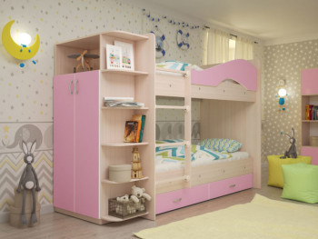 Кровать Мая двухъярусная с ящиками и шкафом Млечный дуб/Розовый в Чанах - chany.mebel54.com | фото
