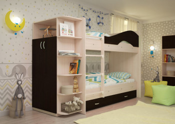 Кровать Мая двухъярусная с ящиками и шкафом Млечный дуб/Венге в Чанах - chany.mebel54.com | фото