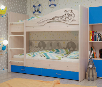 Кровать Мая-Сафари двухъярусная с ящикамиМлечный дуб/Голубой в Чанах - chany.mebel54.com | фото
